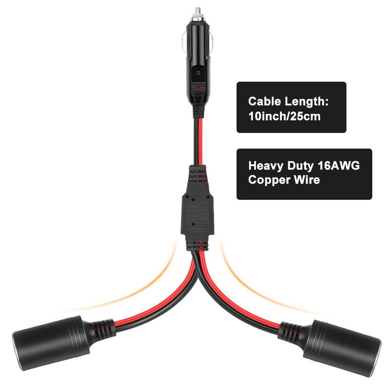 ELECTOP 1 to 2 Car Cigarette Lighter Splitter Adapter Power Charger Port, 12V 24V Plug Socket 2-Way Splitter Y Adapter, 10 inch 16AWG Cigarette Lighter Extension Cord with 15A Fuse - Image 3